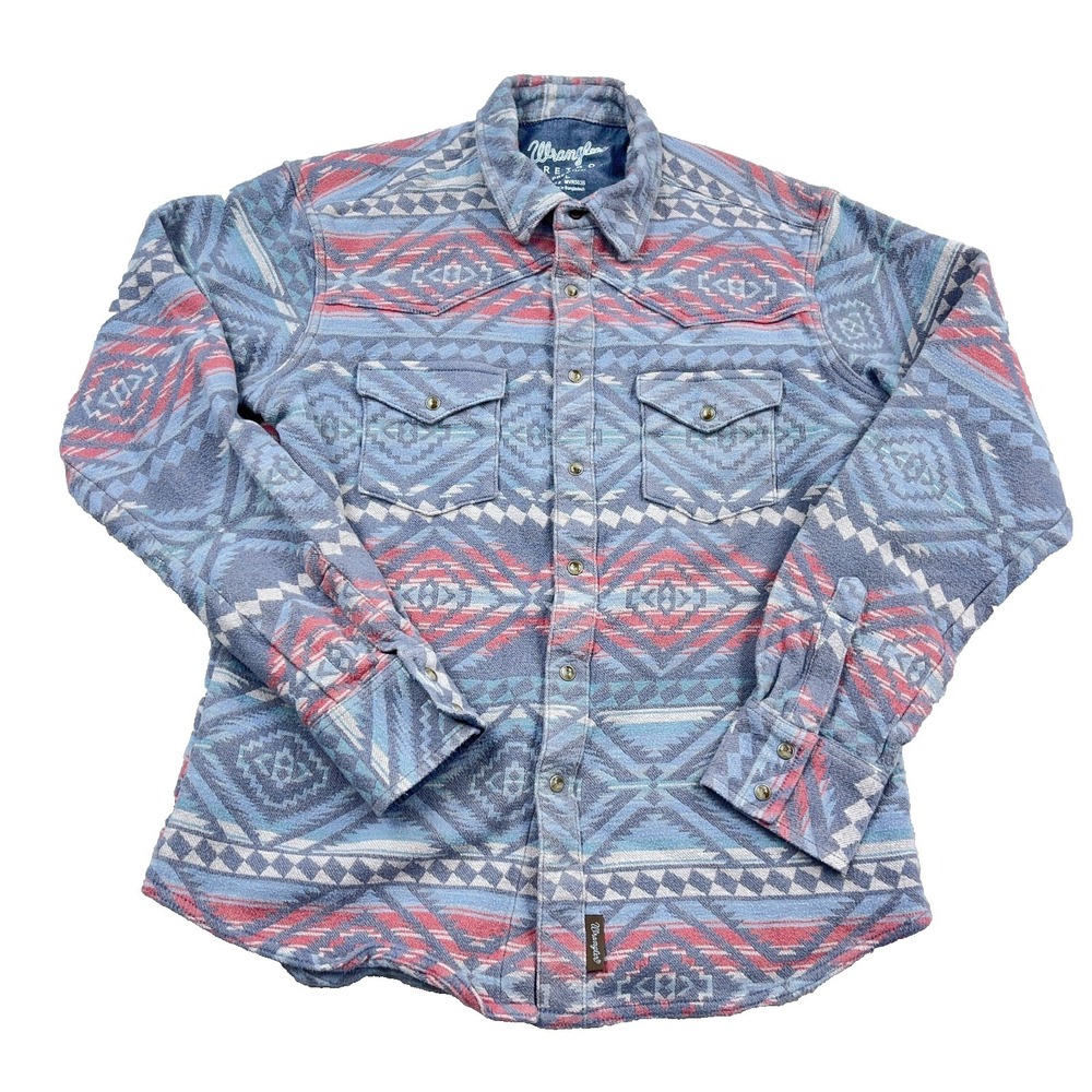 Wrangler Retro Shirt Men Large Red Blue Pearl Snap Flannel Aztec Southwestern
